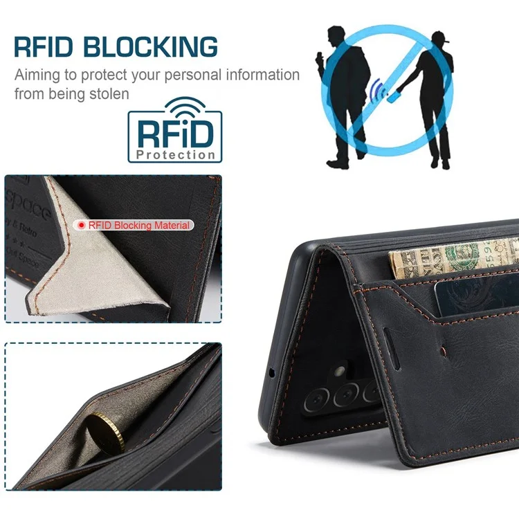 Autspace A01 -serie Für Samsung Galaxy A13 5G / A04s 4G (164,7 X 76,7 X 9,1 Mm) PU Lederpuppe RFID Blocking Wallet Ständer Flip Cover - Schwarz