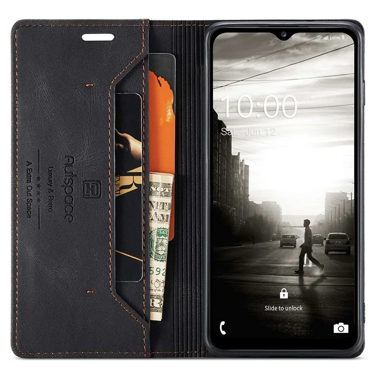 Autspace A01 -serie Für Samsung Galaxy A13 5G / A04s 4G (164,7 X 76,7 X 9,1 Mm) PU Lederpuppe RFID Blocking Wallet Ständer Flip Cover - Schwarz