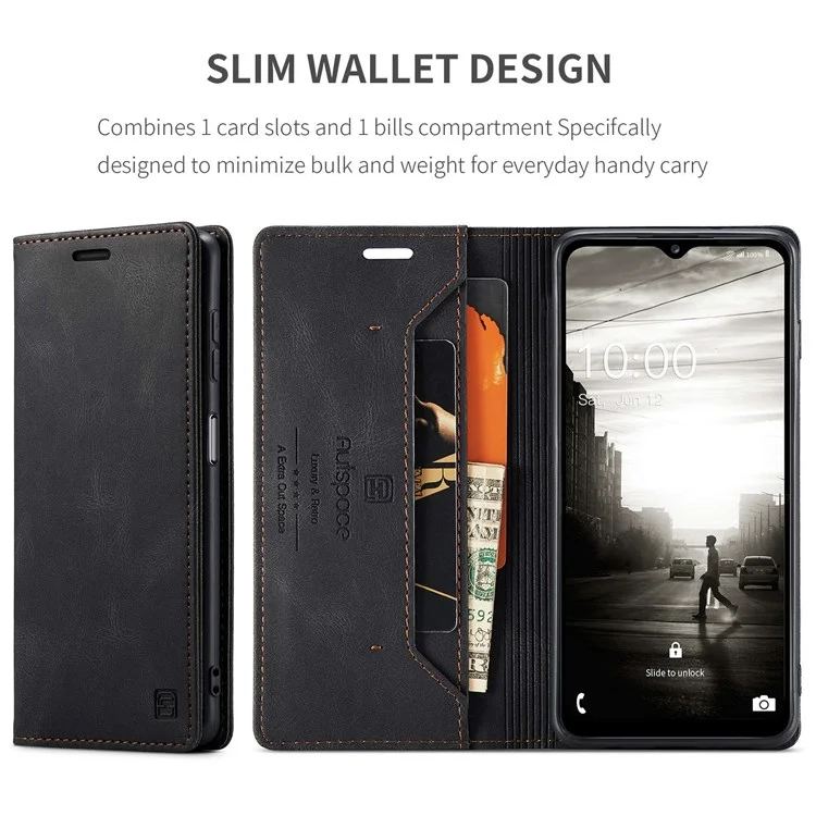 AUTSPACE A01 Series for Samsung Galaxy A13 5G / A04s 4G (164.7 x 76.7 x 9.1 mm) Protective Shell, Scratch Proof RFID Blocking Magnetic Closure Vintage Frosted PU Leather Wallet Stand Flip Cover - Black