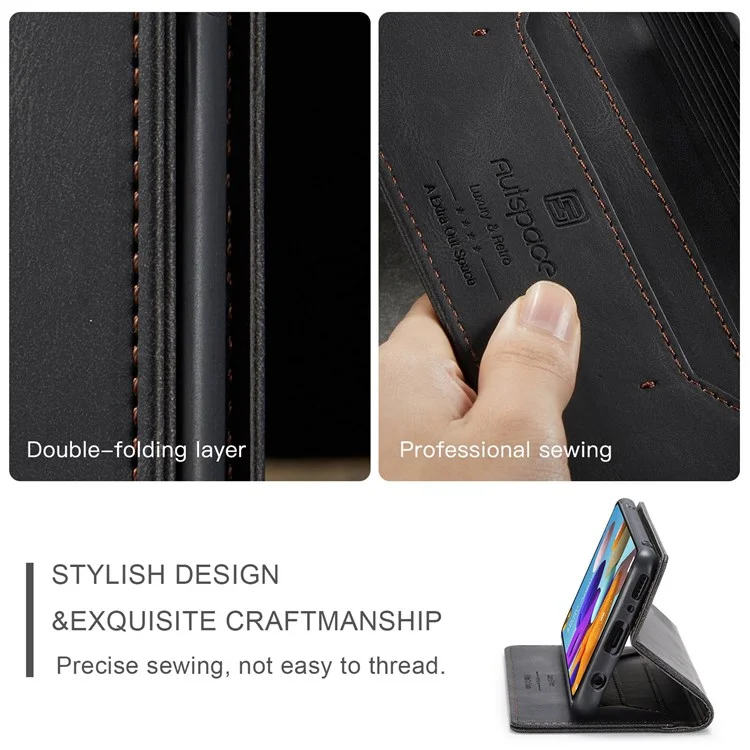 Serie Autespace A01 Per Samsung Galaxy A21s PU Leather Protective Gust, RFID Blocking Magnetic Closure Magnetica Coperchio Flip Del Portafoglio Gambo Vintage - Nero