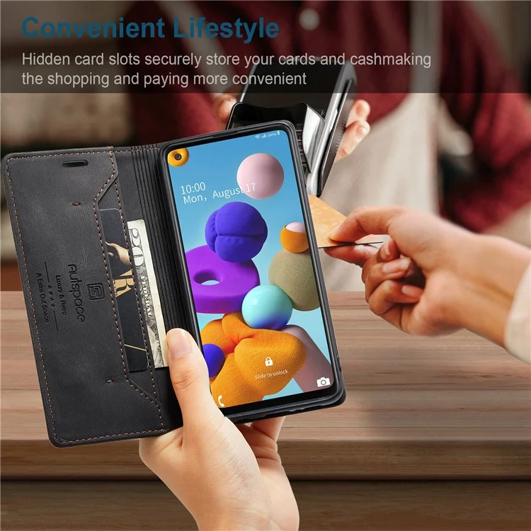 Serie Autespace A01 Per Samsung Galaxy A21s PU Leather Protective Gust, RFID Blocking Magnetic Closure Magnetica Coperchio Flip Del Portafoglio Gambo Vintage - Nero