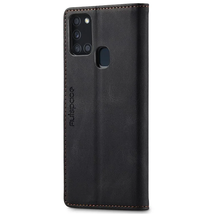AUTSPACE A01 Serie Para Samsung Galaxy A21s PU Leather Case Rfid Bloqueo Vintage Willet Stand Cover Flip - Negro