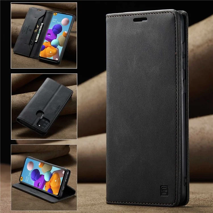 Serie Autespace A01 Per Samsung Galaxy A21s PU Leather Protective Gust, RFID Blocking Magnetic Closure Magnetica Coperchio Flip Del Portafoglio Gambo Vintage - Nero