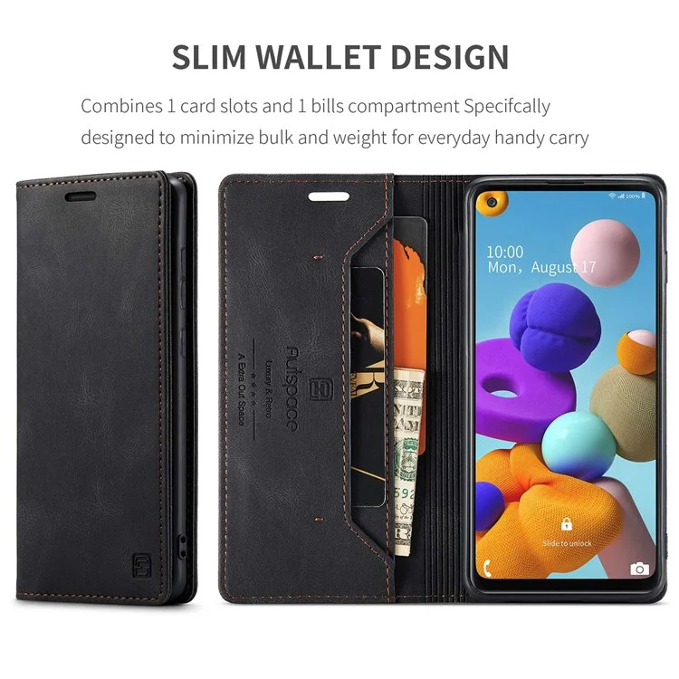 Serie Autespace A01 Per Samsung Galaxy A21s PU Leather Protective Gust, RFID Blocking Magnetic Closure Magnetica Coperchio Flip Del Portafoglio Gambo Vintage - Nero