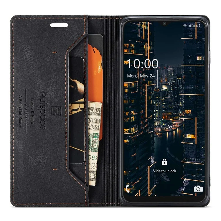 AUTSPACE A01 Серия для Samsung Galaxy A22 5G (Европейская версия) PU Кожаный защитный чехол, ударостойкий RFID блокирующий магнитный замок винтажный матовый бумажник-подставка для переворачивания - Черный