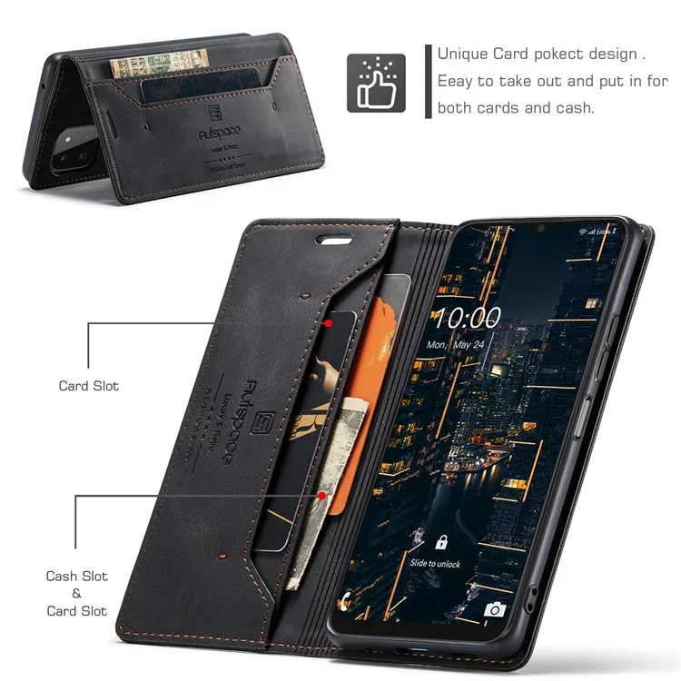AUTSPACE A01 Серия для Samsung Galaxy A22 5G (Европейская версия) PU Кожаный защитный чехол, ударостойкий RFID блокирующий магнитный замок винтажный матовый бумажник-подставка для переворачивания - Черный