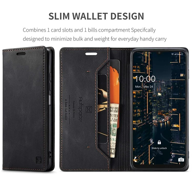 Autspace A01 -serie Für Samsung Galaxy A22 5G (EU -version) PU -leder -schutzhülle, Wirkungsbeständige RFID -blockierungsmagnetverschluss Vintage Frosted Wallet Ständer Flip Cover - Schwarz