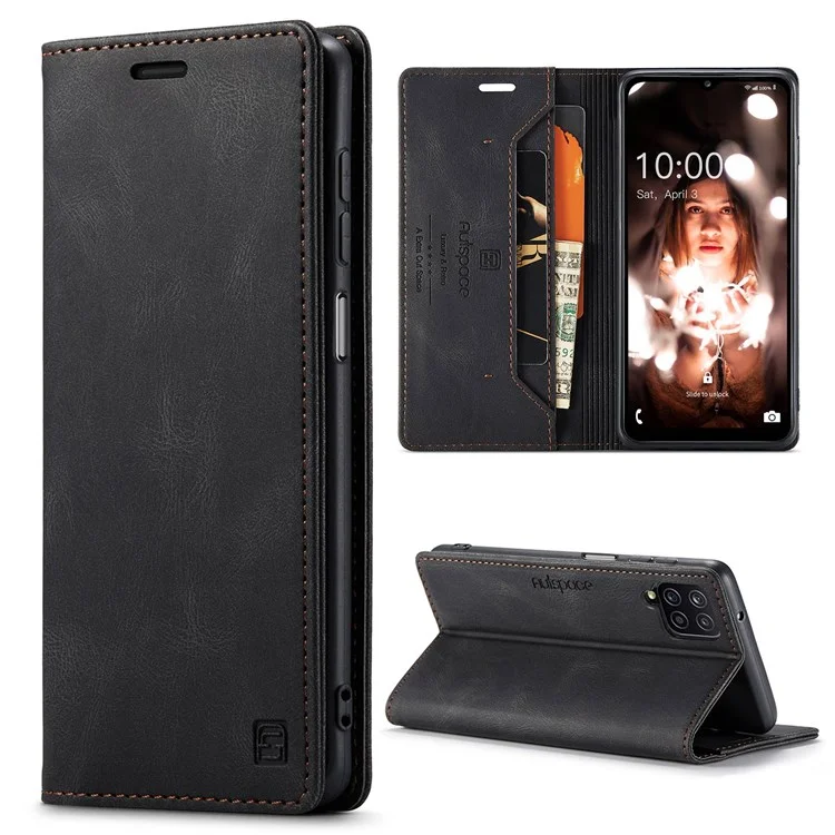 AUTSPACE A01 Series for Samsung Galaxy A12 Protective Shell, RFID Blocking Magnetic Closure Vintage Frosted PU Leather Wallet Stand Flip Cover - Black