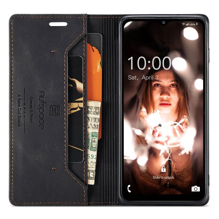 AUTSPACE A01 Series for Samsung Galaxy A12 Protective Shell, RFID Blocking Magnetic Closure Vintage Frosted PU Leather Wallet Stand Flip Cover - Black