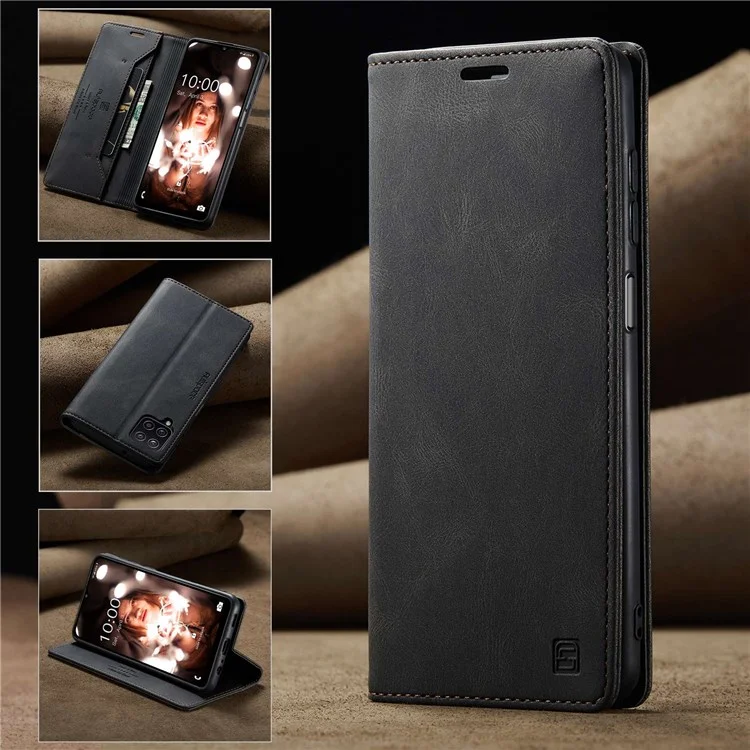AUTSPACE A01 Series for Samsung Galaxy A12 PU Leather Case RFID Blocking Vintage Wallet Stand Flip Cover - Black