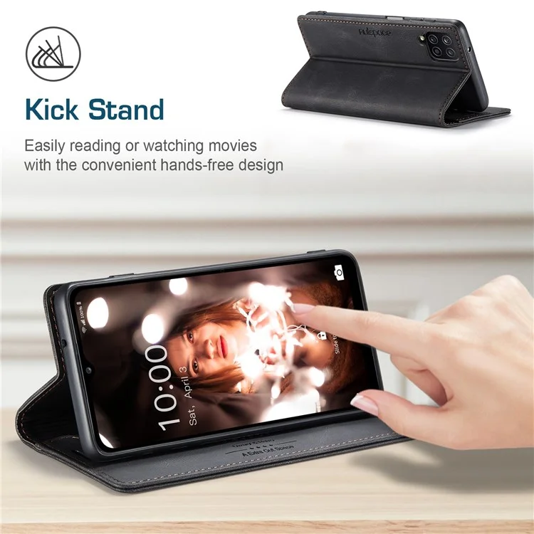 AUTSPACE A01 Series for Samsung Galaxy A12 PU Leather Case RFID Blocking Vintage Wallet Stand Flip Cover - Black