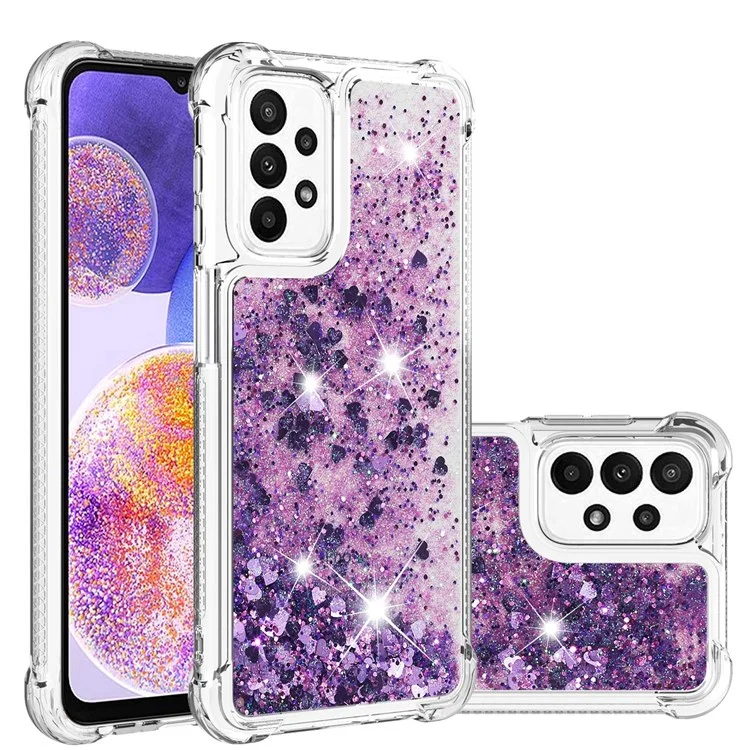 For Samsung Galaxy A23 5G (Global Version) / 4G TPU Case Glitter Quicksand Shockproof Phone Back Cover - Dark Purple / Hearts