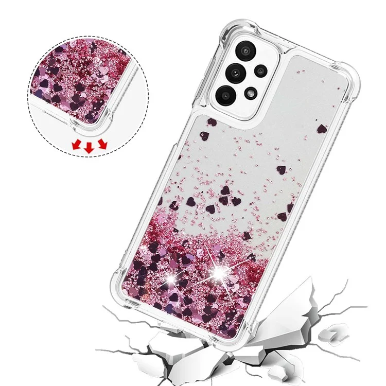 YB Quicksand Series-1 para Samsung Galaxy A23 5G (Versão Global) / 4G Liquid Floating Glitter Sequins TPU Back Cover Anti-scratch Phone Case - Rose Gold / Hearts