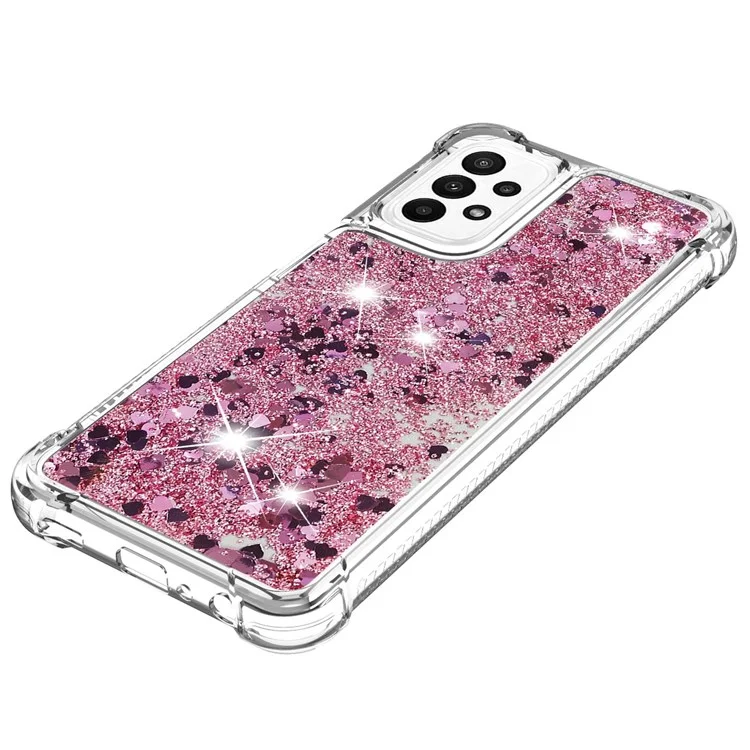 YB Quicksand Series-1 para Samsung Galaxy A23 5G (Versão Global) / 4G Liquid Floating Glitter Sequins TPU Back Cover Anti-scratch Phone Case - Rose Gold / Hearts