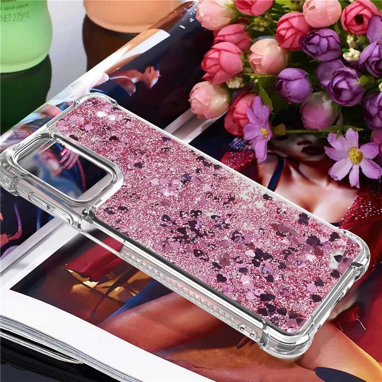 YB Quicksand Series-1 para Samsung Galaxy A23 5G (Versão Global) / 4G Liquid Floating Glitter Sequins TPU Back Cover Anti-scratch Phone Case - Rose Gold / Hearts