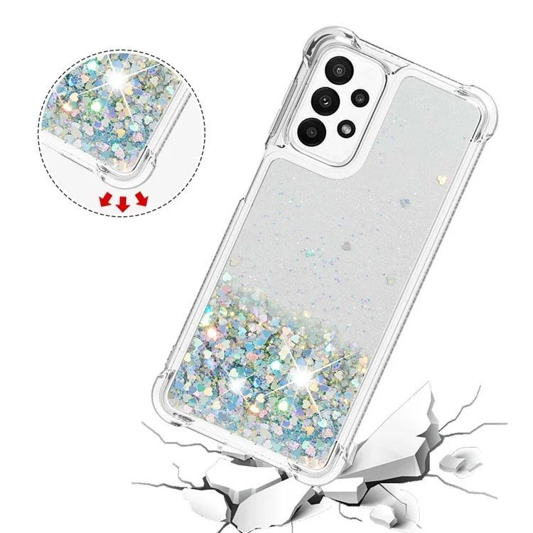 YB Quicksand Series-1 für Samsung Galaxy A23 5G (Globale Version) / 4G Liquid Floating Glitter Sequins TPU Rückseite Schutzhülle Anti-Kratzer - Silber / Herzen