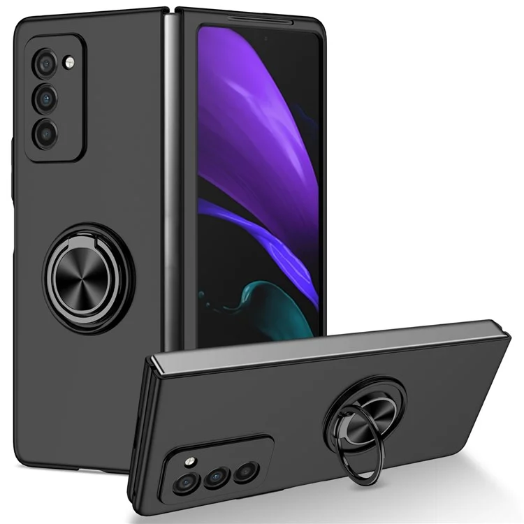 Für Samsung Galaxy Z Fold2 5G Anti-Kratzer Hartplastik Drehring Metallhalter Ständer Handyhülle Stoßfeste Abdeckung - Schwarz