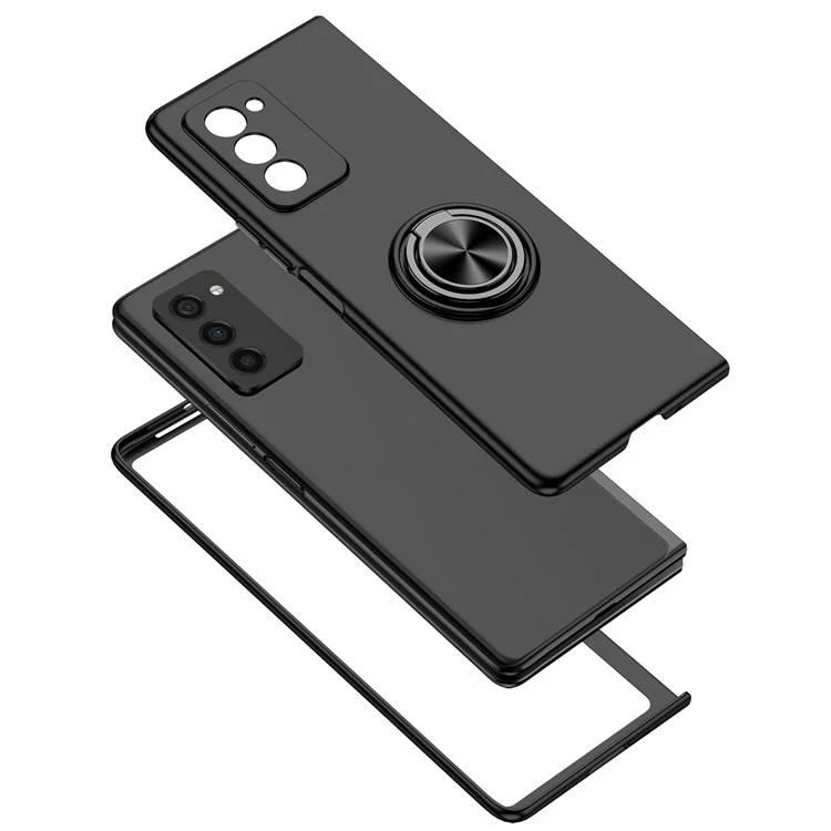 Für Samsung Galaxy Z Fold2 5G Anti-Kratzer Hartplastik Drehring Metallhalter Ständer Handyhülle Stoßfeste Abdeckung - Schwarz