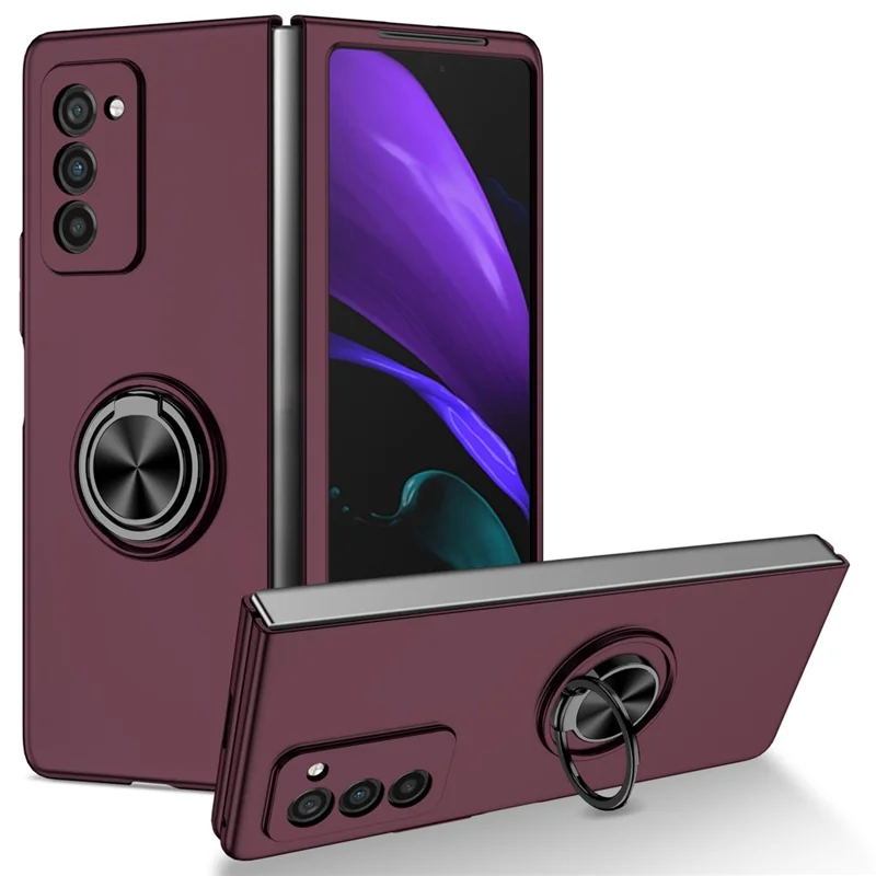 For Samsung Galaxy Z Fold2 5G Anti-scratch Hard PC Rotating Metal Ring Kickstand Phone Case Folding Shockproof Cover - Wine Red