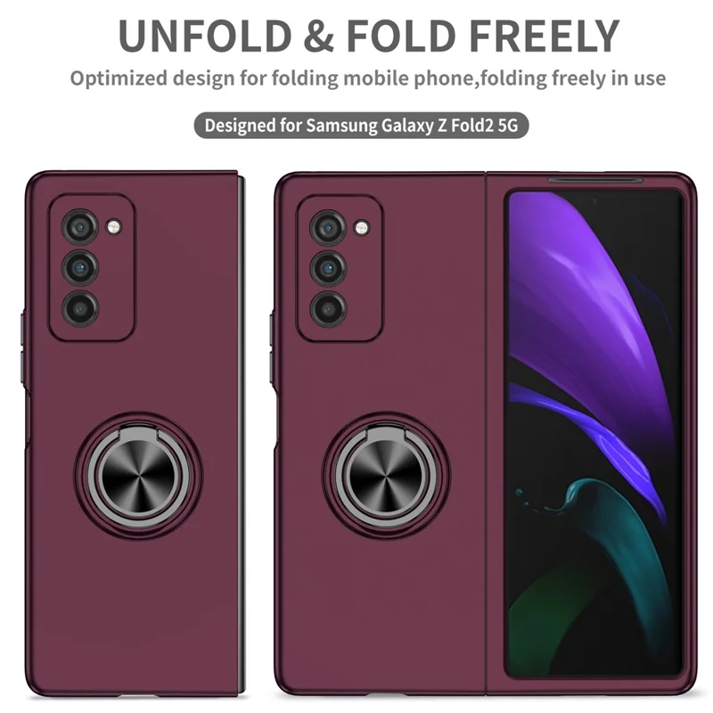 For Samsung Galaxy Z Fold2 5G Anti-scratch Hard PC Rotating Metal Ring Kickstand Phone Case Folding Shockproof Cover - Wine Red
