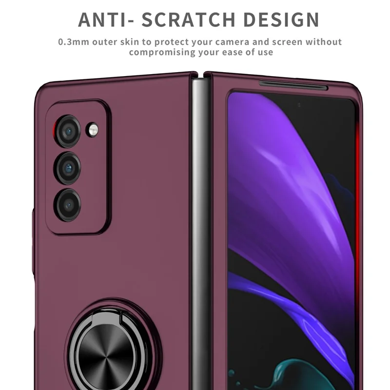 For Samsung Galaxy Z Fold2 5G Anti-scratch Hard PC Rotating Metal Ring Kickstand Phone Case Folding Shockproof Cover - Wine Red
