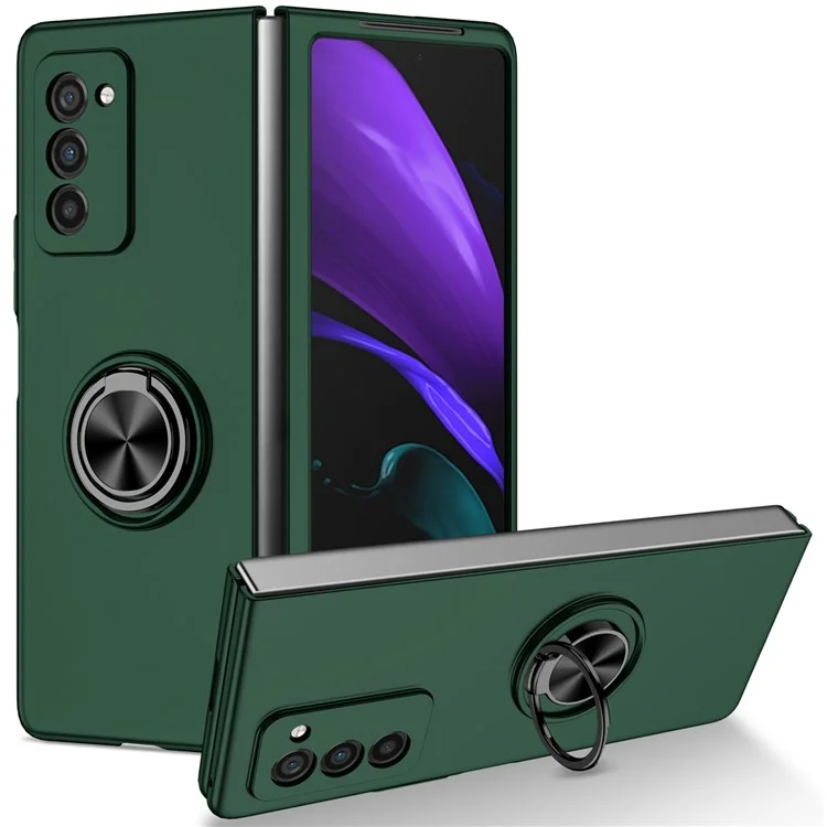 Para Samsung Galaxy Z Fold2 5G Anti-scratch Hard PC Rotating Metal Ring Kickstand Phone Case Folding Shockproof Cover - Blackish Green