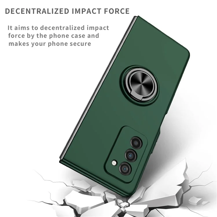 Para Samsung Galaxy Z Fold2 5G Anti-scratch Hard PC Rotating Metal Ring Kickstand Phone Case Folding Shockproof Cover - Blackish Green
