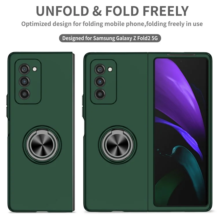 Para Samsung Galaxy Z Fold2 5G Anti-scratch Hard PC Rotating Metal Ring Kickstand Phone Case Folding Shockproof Cover - Blackish Green