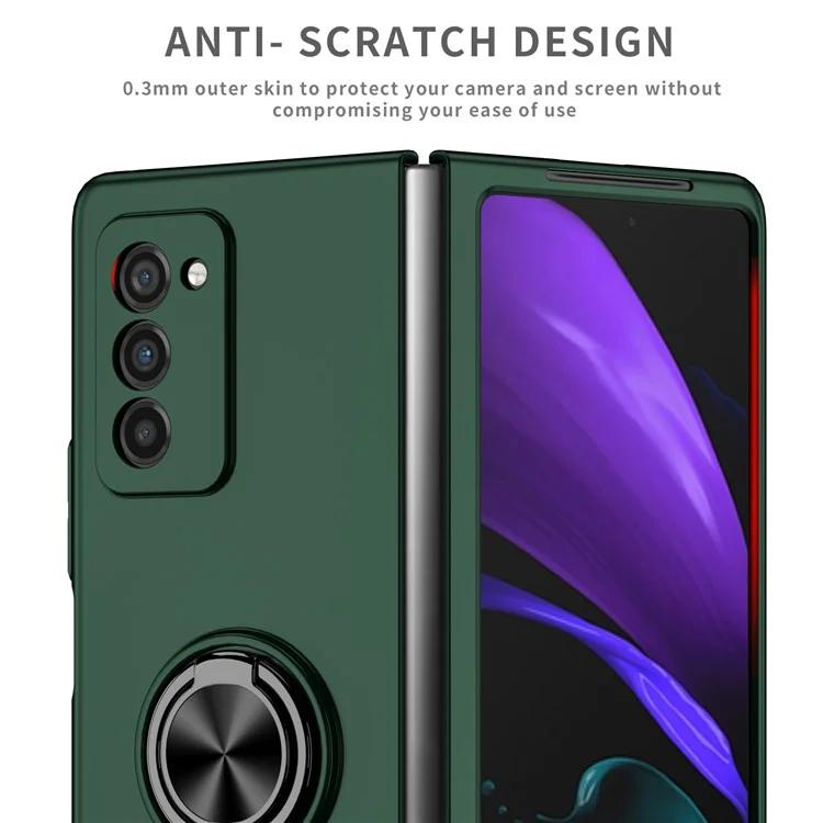 Para Samsung Galaxy Z Fold2 5G Anti-scratch Hard PC Rotating Metal Ring Kickstand Phone Case Folding Shockproof Cover - Blackish Green