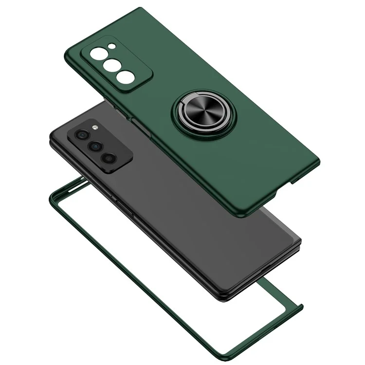 Para Samsung Galaxy Z Fold2 5G Anti-scratch Hard PC Rotating Metal Ring Kickstand Phone Case Folding Shockproof Cover - Blackish Green