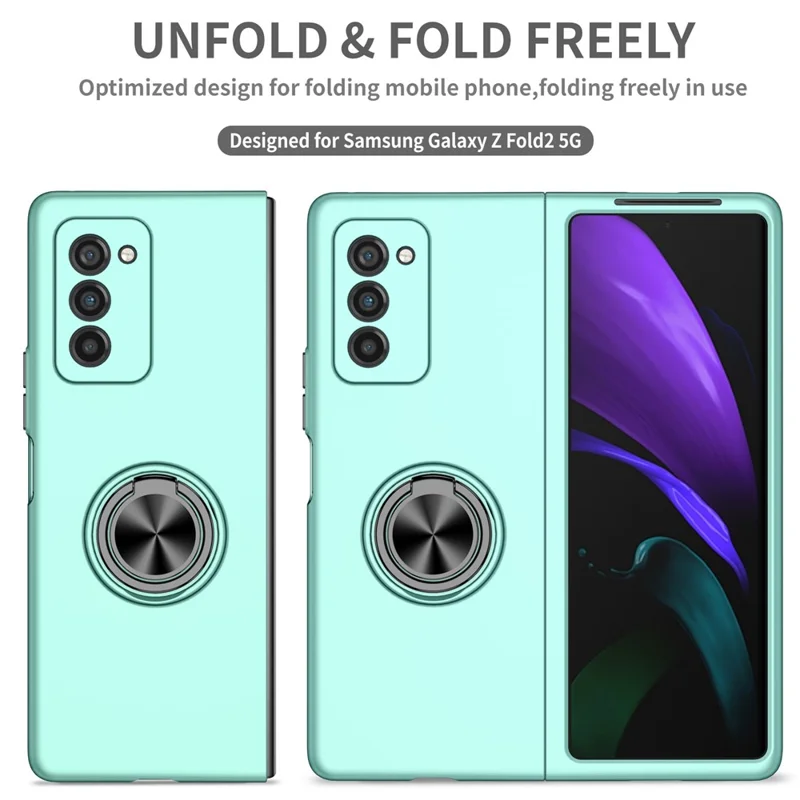 For Samsung Galaxy Z Fold2 5G Anti-scratch Hard PC Rotating Metal Ring Kickstand Phone Case Folding Shockproof Cover - Sky Blue