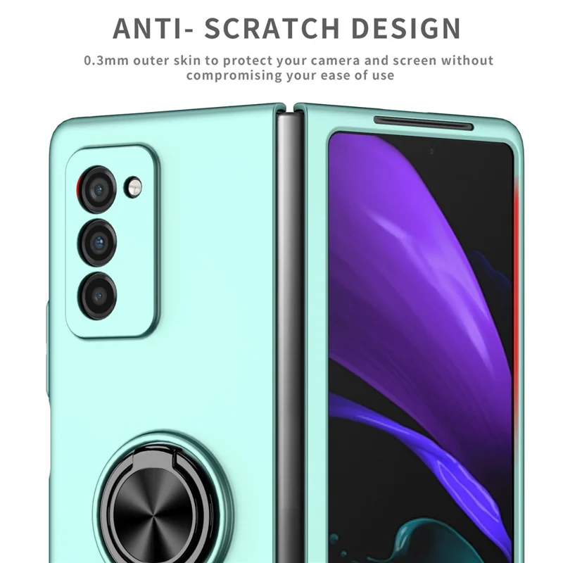 For Samsung Galaxy Z Fold2 5G Anti-scratch Hard PC Rotating Metal Ring Kickstand Phone Case Folding Shockproof Cover - Sky Blue