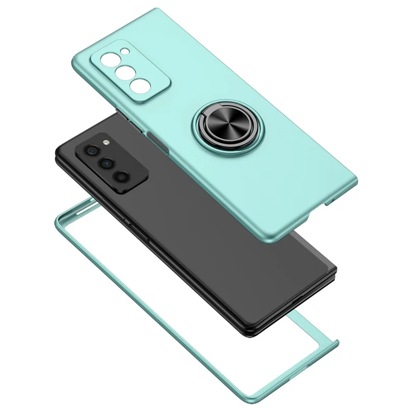 For Samsung Galaxy Z Fold2 5G Anti-scratch Hard PC Rotating Metal Ring Kickstand Phone Case Folding Shockproof Cover - Sky Blue