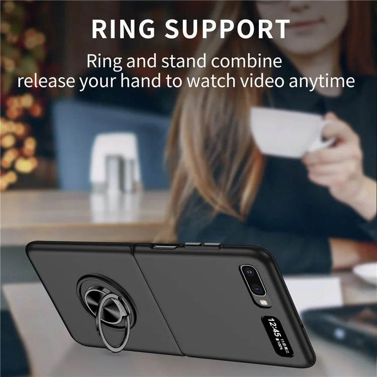 For Samsung Galaxy Z Flip 5G Hard PC Folding Mobile Phone Case Rotatable Metal Ring Kickstand Anti-fall Shell - Black