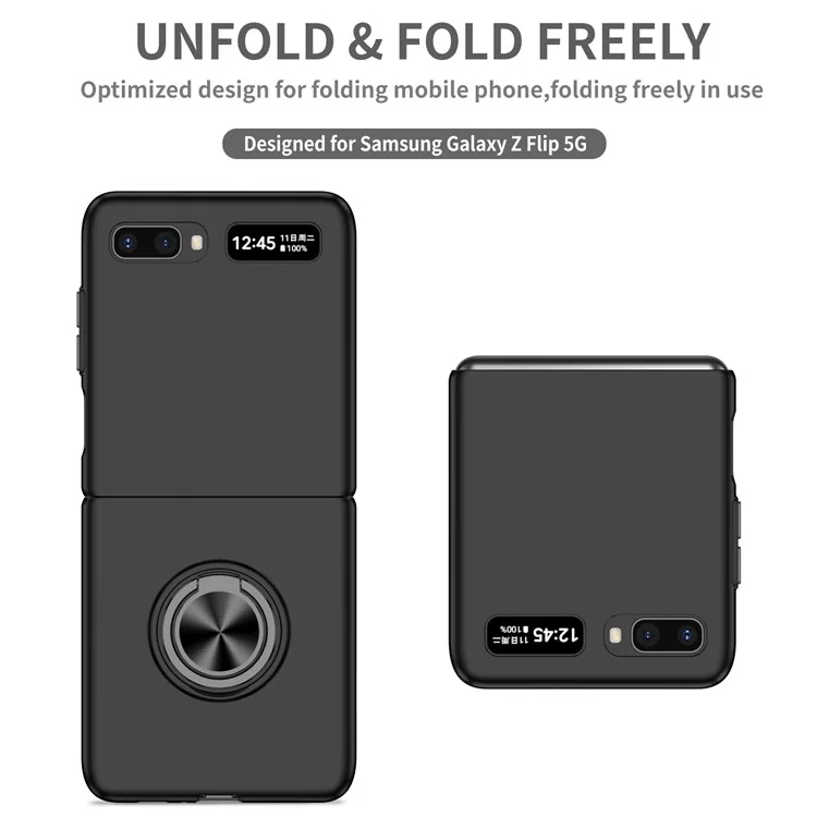 For Samsung Galaxy Z Flip 5G Hard PC Folding Mobile Phone Case Rotatable Metal Ring Kickstand Anti-fall Shell - Black