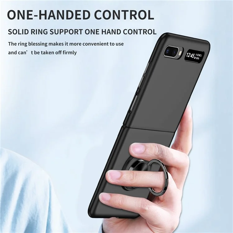 For Samsung Galaxy Z Flip 5G Hard PC Folding Mobile Phone Case Rotatable Metal Ring Kickstand Anti-fall Shell - Black