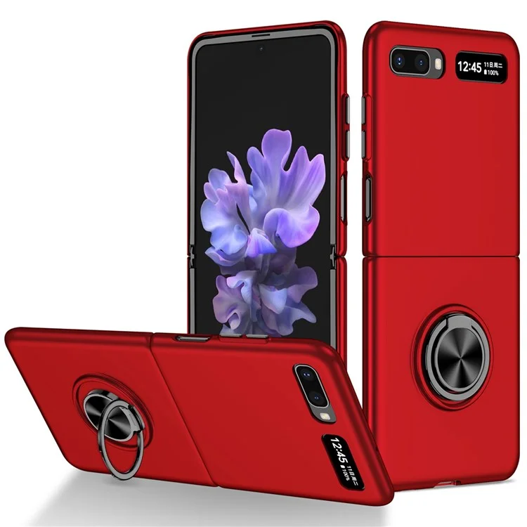 For Samsung Galaxy Z Flip 5G Hard PC Folding Mobile Phone Case Rotatable Metal Ring Kickstand Anti-fall Shell - Red