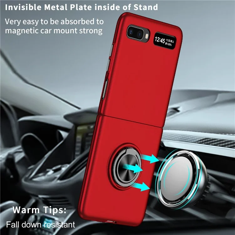 For Samsung Galaxy Z Flip 5G Hard PC Folding Mobile Phone Case Rotatable Metal Ring Kickstand Anti-fall Shell - Red