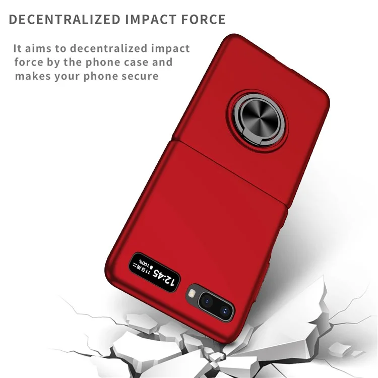 For Samsung Galaxy Z Flip 5G Hard PC Folding Mobile Phone Case Rotatable Metal Ring Kickstand Anti-fall Shell - Red