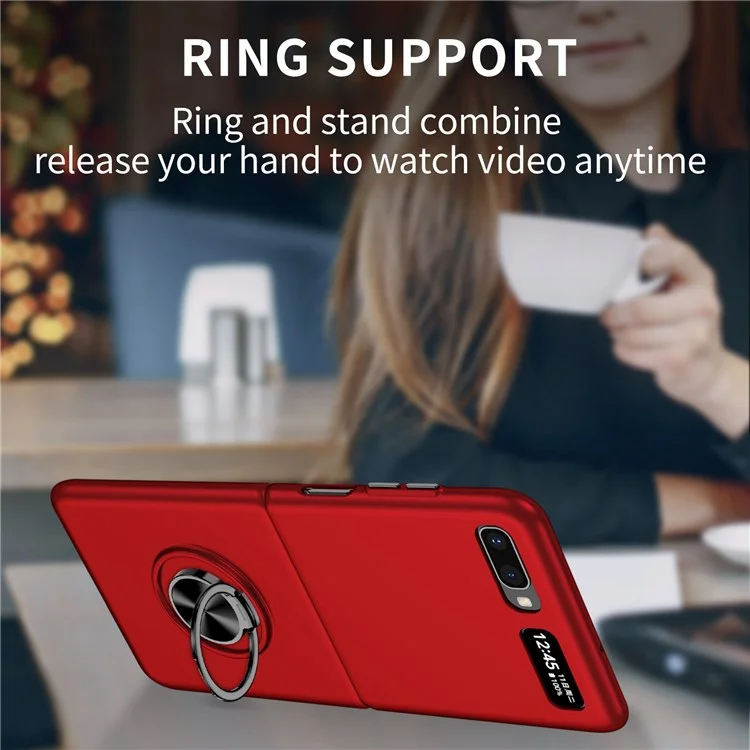 For Samsung Galaxy Z Flip 5G Hard PC Folding Mobile Phone Case Rotatable Metal Ring Kickstand Anti-fall Shell - Red