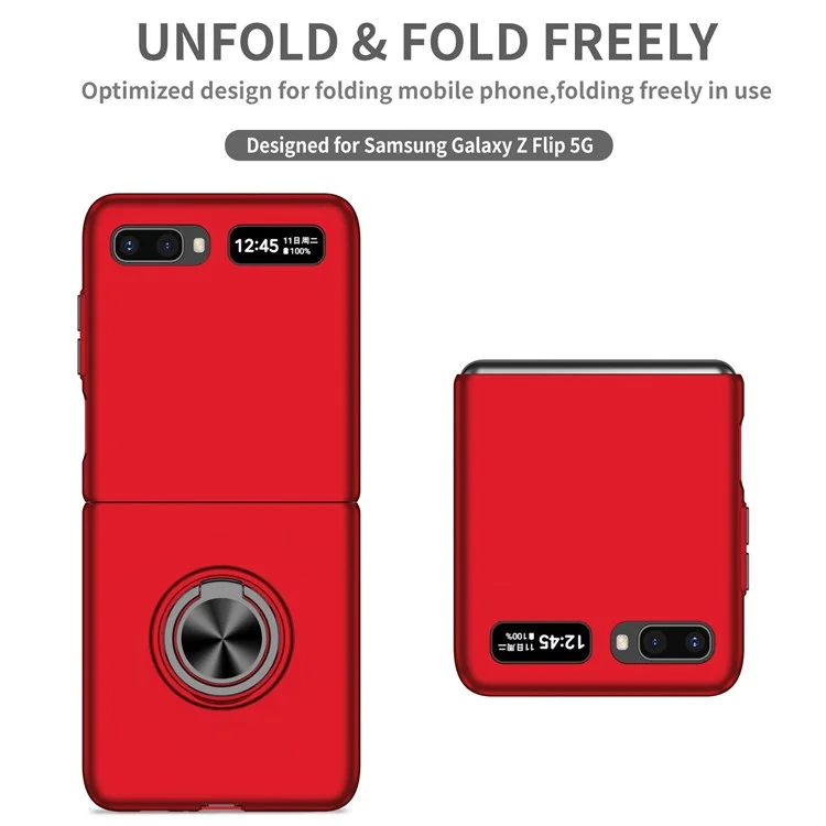 For Samsung Galaxy Z Flip 5G Hard PC Folding Mobile Phone Case Rotatable Metal Ring Kickstand Anti-fall Shell - Red