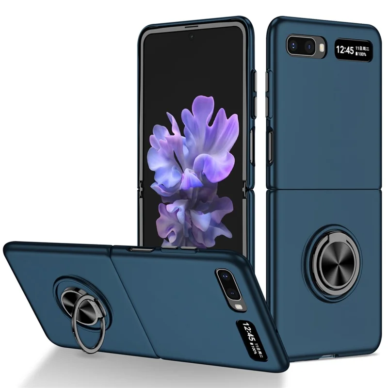 For Samsung Galaxy Z Flip 5G Hard PC Folding Mobile Phone Case Rotatable Metal Ring Kickstand Anti-fall Shell - Dark Blue