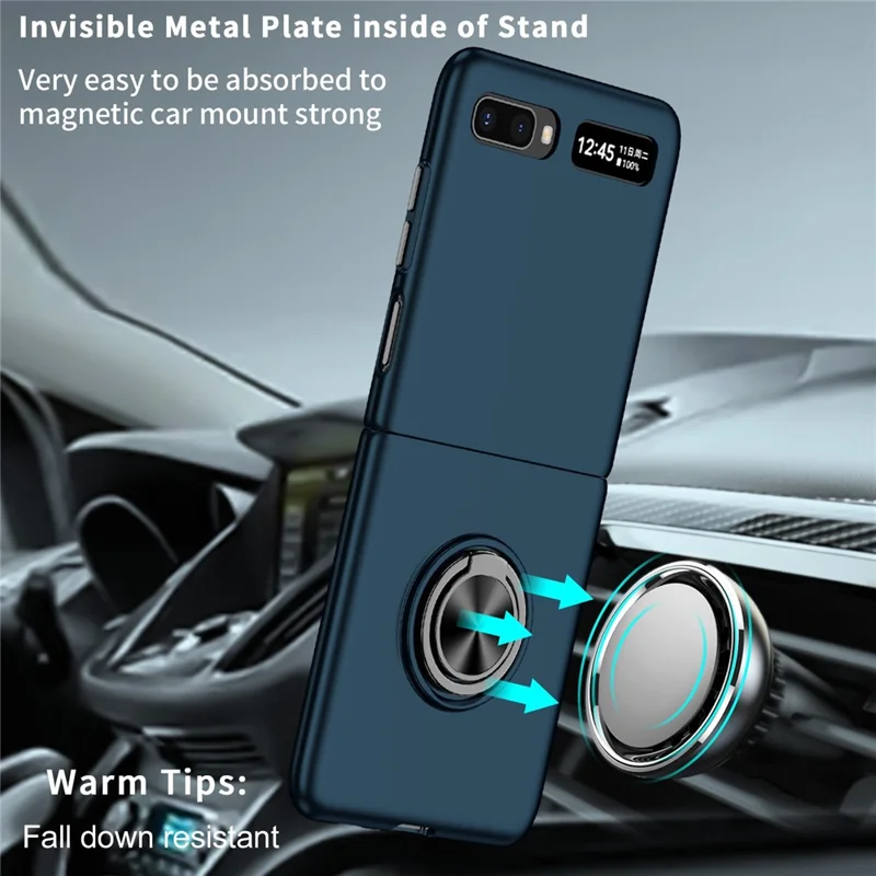 For Samsung Galaxy Z Flip 5G Hard PC Folding Mobile Phone Case Rotatable Metal Ring Kickstand Anti-fall Shell - Dark Blue