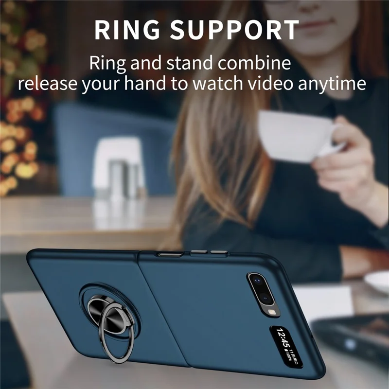 For Samsung Galaxy Z Flip 5G Hard PC Folding Mobile Phone Case Rotatable Metal Ring Kickstand Anti-fall Shell - Dark Blue