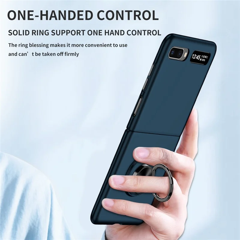 For Samsung Galaxy Z Flip 5G Hard PC Folding Mobile Phone Case Rotatable Metal Ring Kickstand Anti-fall Shell - Dark Blue