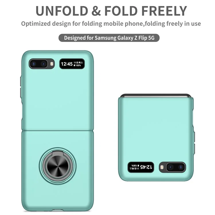 For Samsung Galaxy Z Flip 5G Hard PC Folding Mobile Phone Case Rotatable Metal Ring Kickstand Anti-fall Shell - Sky Blue