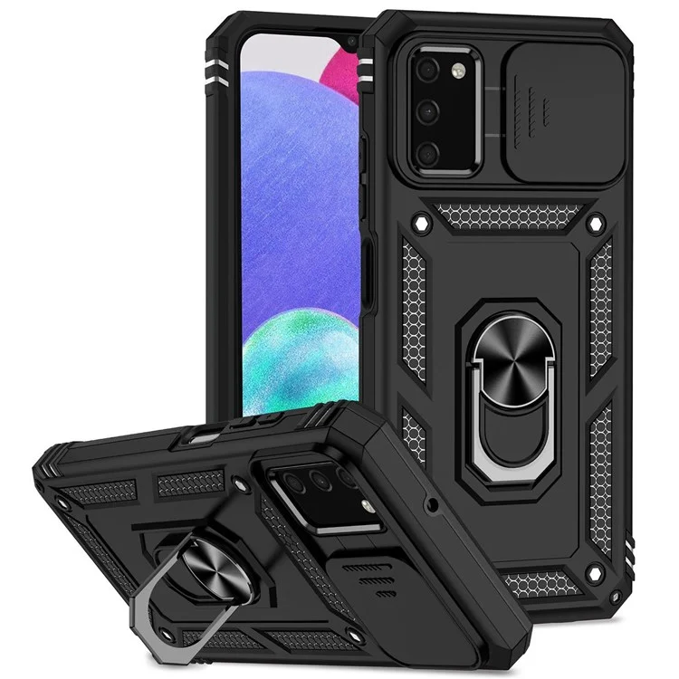 For Samsung Galaxy A03s (164.2 x 75.9 x 9.1mm) Ring Kickstand Phone Case Anti-fall Protection Hard PC + TPU Shell with Slide Camera Protection Cover - Black