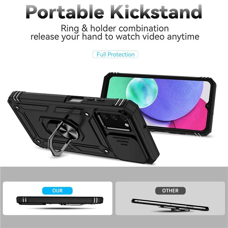 For Samsung Galaxy A03s (164.2 x 75.9 x 9.1mm) Ring Kickstand Phone Case Anti-fall Protection Hard PC + TPU Shell with Slide Camera Protection Cover - Black