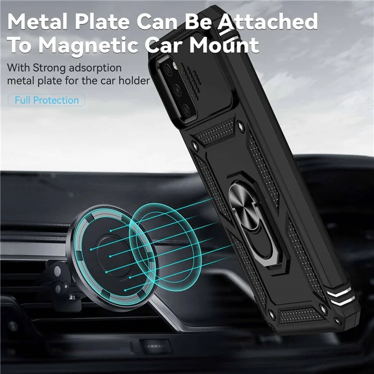 For Samsung Galaxy A03s (164.2 x 75.9 x 9.1mm) Ring Kickstand Phone Case Anti-fall Protection Hard PC + TPU Shell with Slide Camera Protection Cover - Black