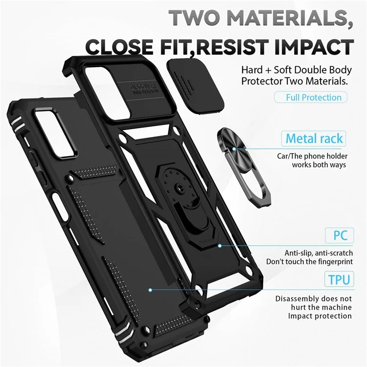 For Samsung Galaxy A03s (164.2 x 75.9 x 9.1mm) Ring Kickstand Phone Case Anti-fall Protection Hard PC + TPU Shell with Slide Camera Protection Cover - Black